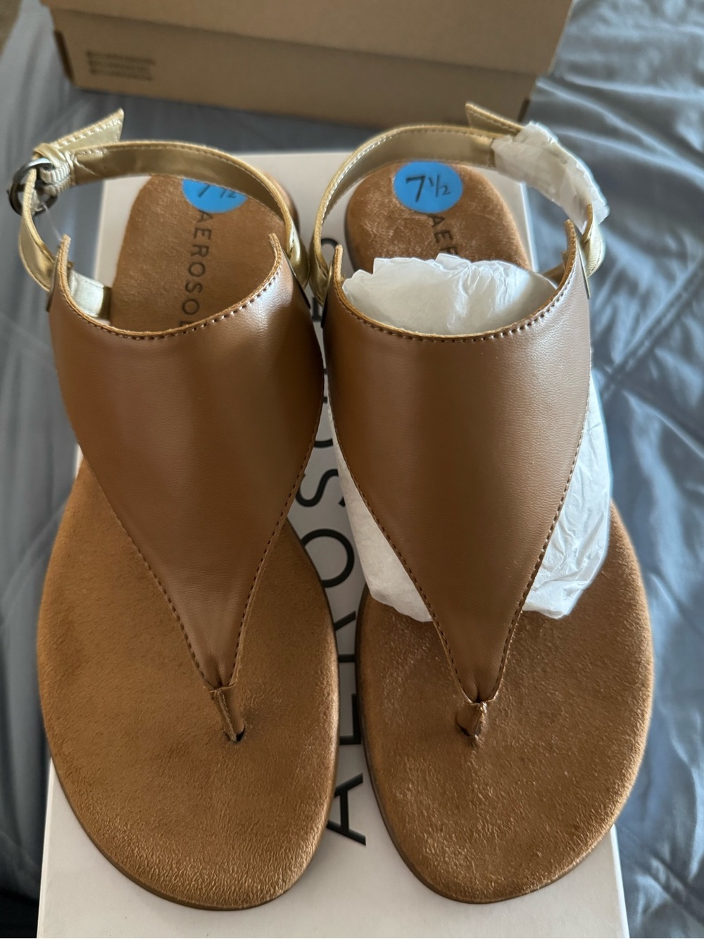 AEROSOLES Brown Leather Thong Sandals with Gold Ankle Strap